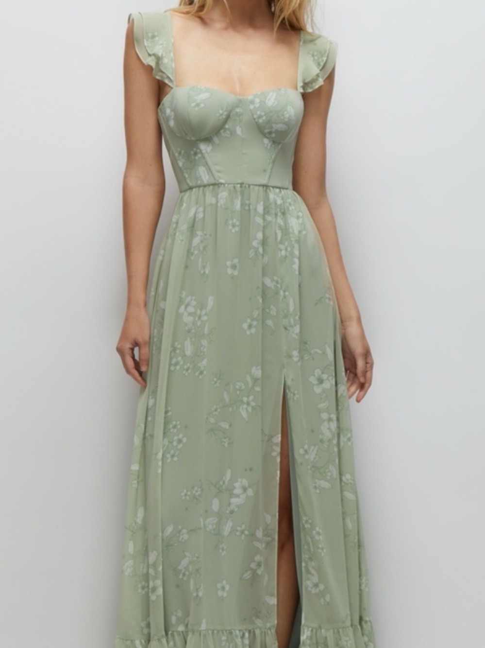 Dessy Collection Sage Green Floral Ruffle Maxi Dress
